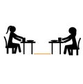 The stick man. Two girls eat on the table. Social distance. Royalty Free Stock Photo